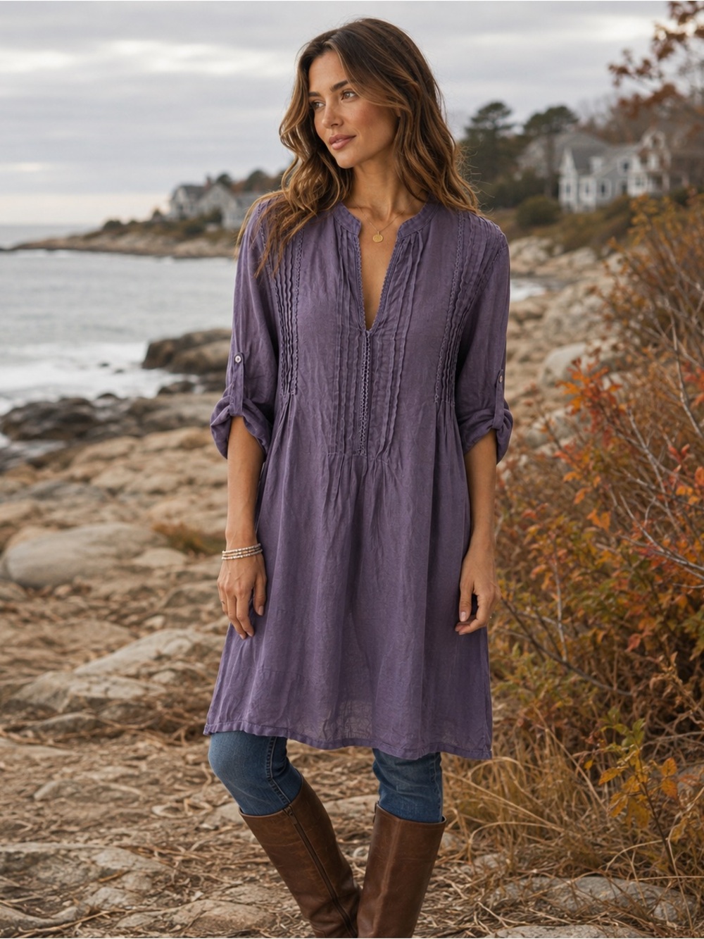 CP Shades Regina  Tunic Dress 100% Linen Pintuck Lace Purple V-Neck Sz S